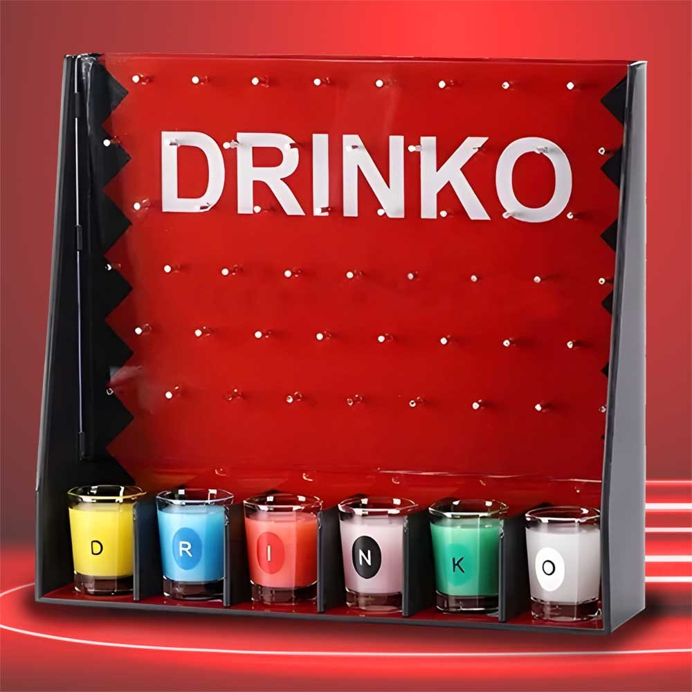 Juego de beber Drinko incl. 6 vasos de chupito, plinko con tapones corona, juego de beber vasos de chupito con azar