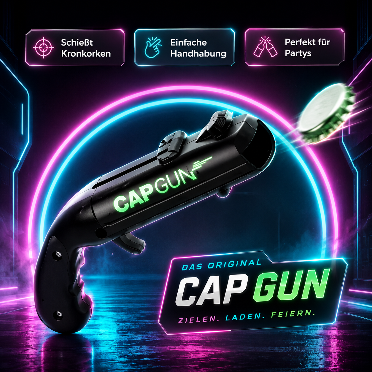 Capgun - pistola para tapones de botella, abrebotellas, abrecervezas, pistola para tapones de cerveza con un alcance de disparo de 5 metros