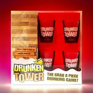 Drunken Tower - incl. 4 vasos de chupito, torre tambaleante, juego para fiestas, torre borracha