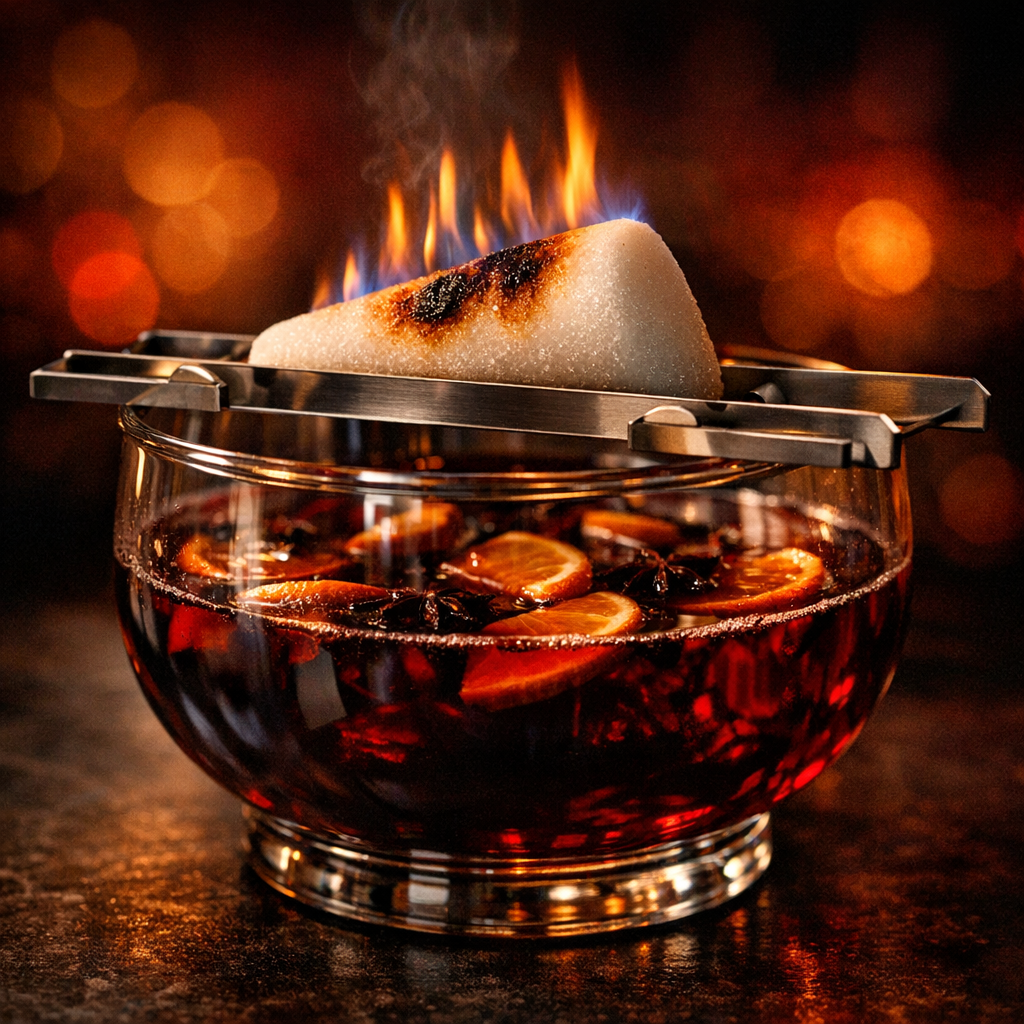 Hyperrealistische Feuerzangenbowle mit brennendem Zuckerhut vor rubinrotem Licht