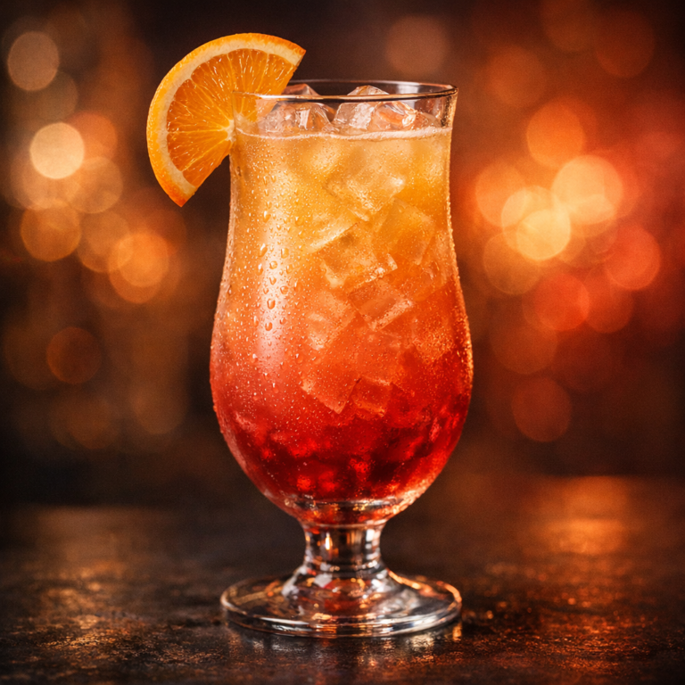 Hyperrealistischer Sex on the Beach mit orange-rotem Farbverlauf vor tropischem Licht