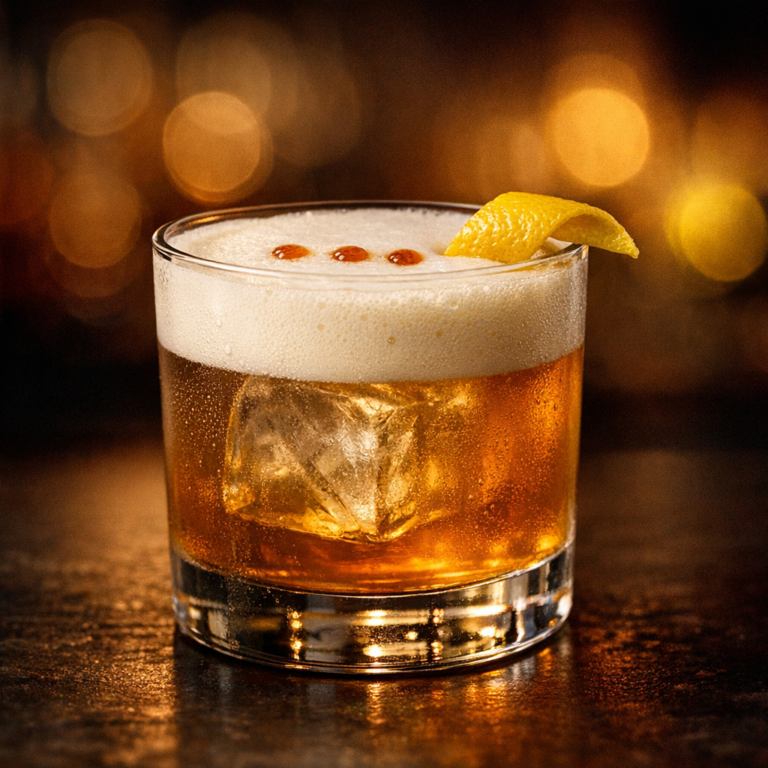 Hyperrealistischer Whiskey Sour mit natürlicher Schaumkrone vor bernsteinfarbenem Licht