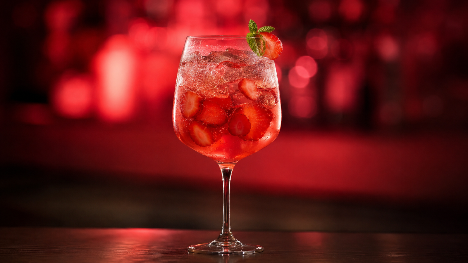 Erdbeerbowle vor extrem unscharfem Neonhintergrund in der Farbe des Drinks