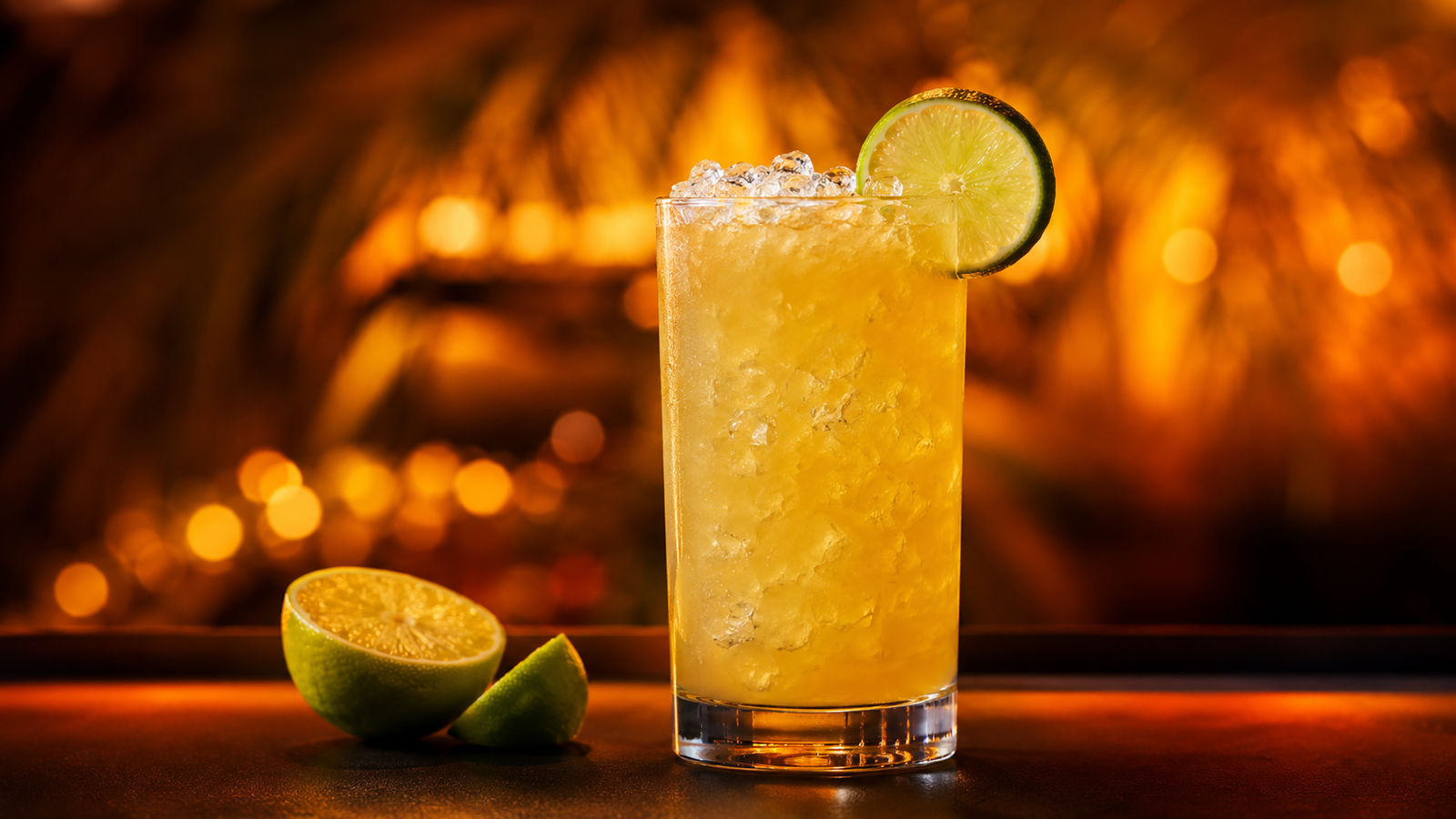 Ipanema vor extrem unscharfem Neonhintergrund in der Farbe des Drinks