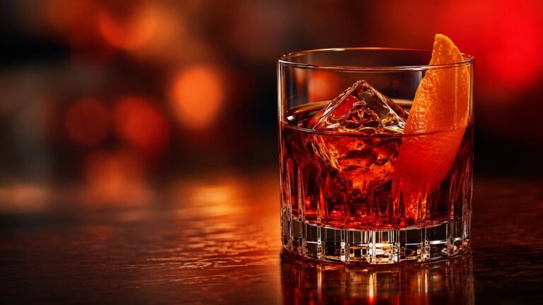 Negroni vor stark verschwommenem rubinrotem Licht