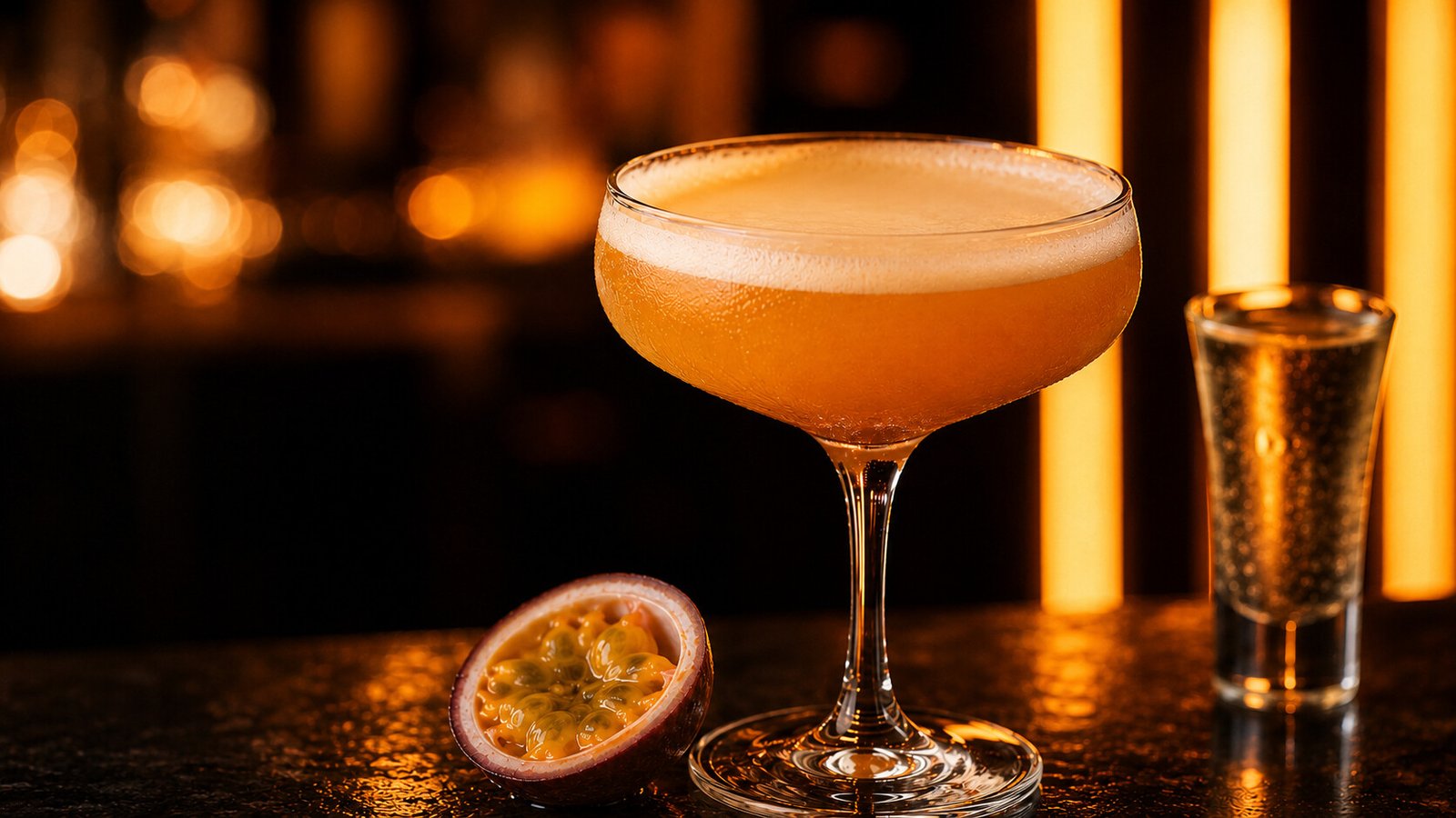 Pornstar Martini im Neonlicht Pornstar Martini im Glas vor farbigem Neonlicht