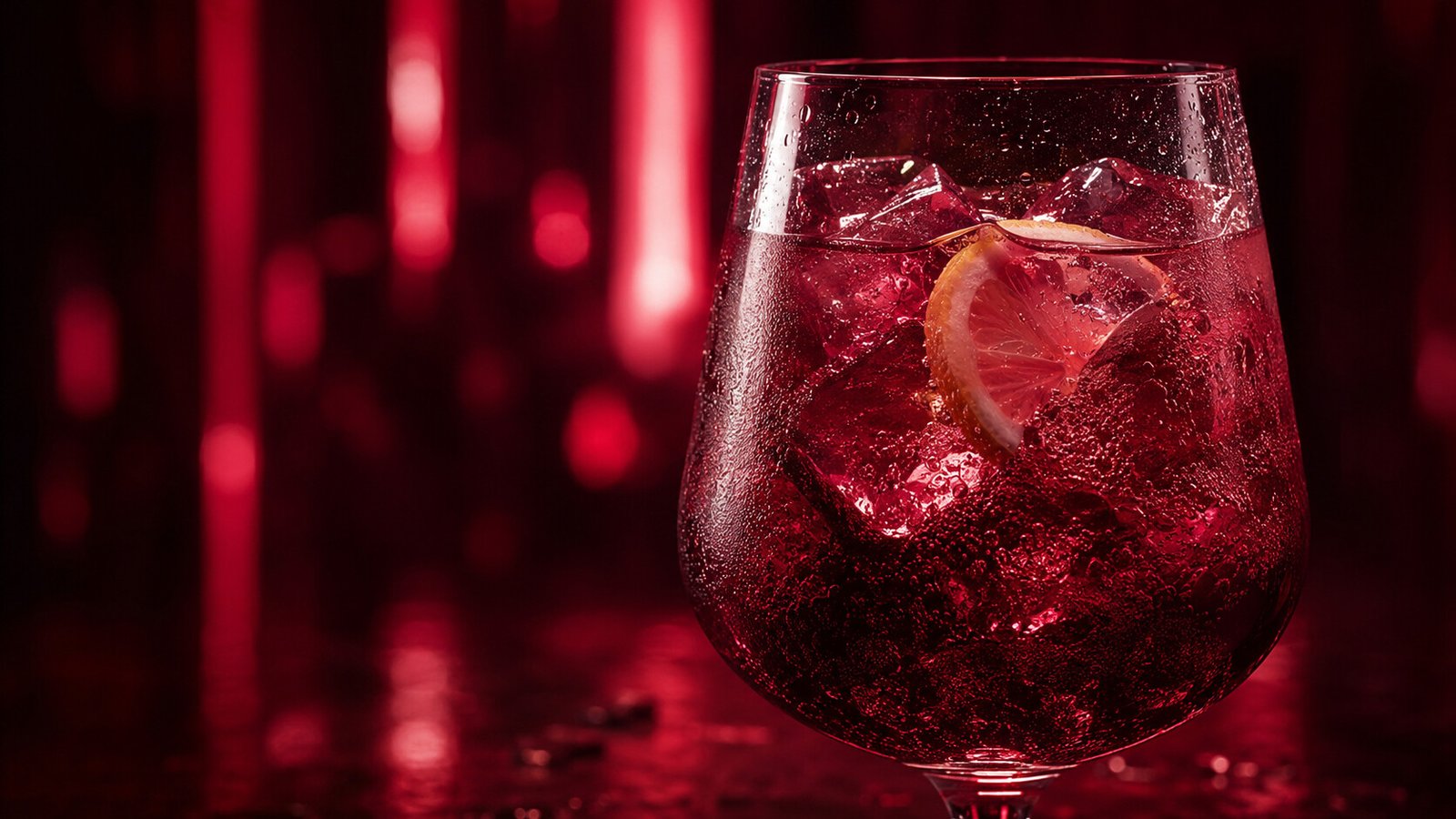 Tinto de Verano vor passendem rubinrotem Neonlicht im Alkoholy-Stil