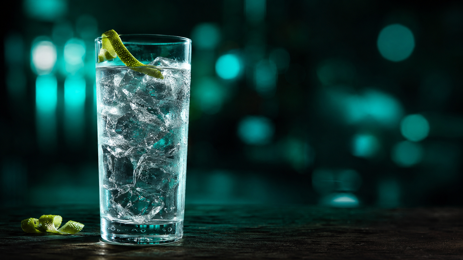 Vodka Soda vor extrem unscharfem Neonhintergrund in der Farbe des Drinks
