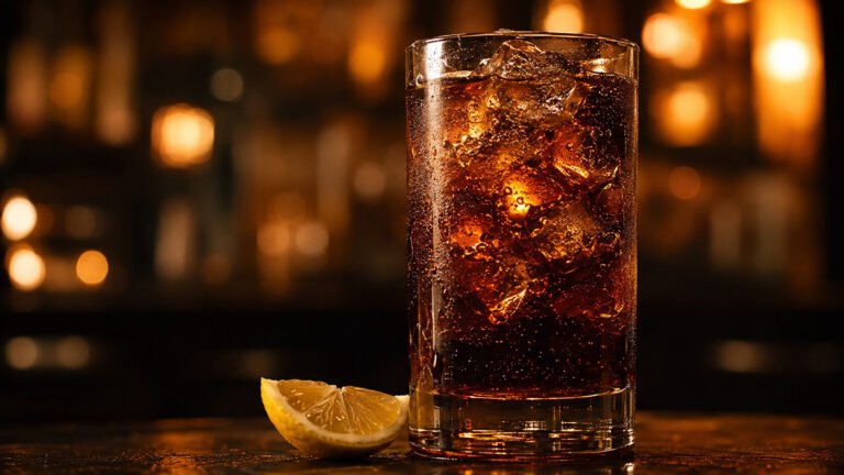 Whiskey Cola vor passendem karamell-braunem Neonlicht im Alkoholy-Stil