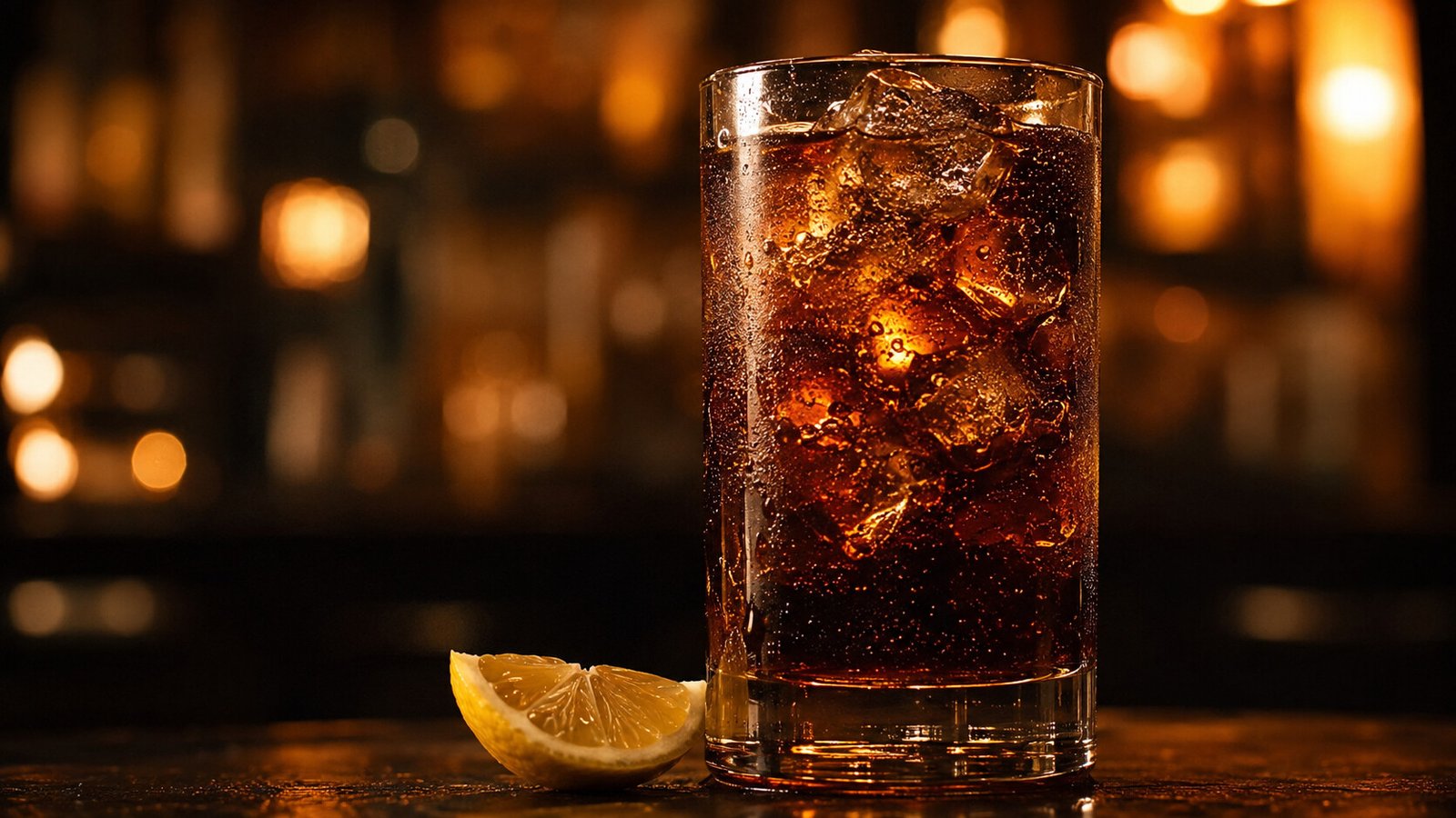 Whiskey Cola im Glas vor farbigem Neonlicht